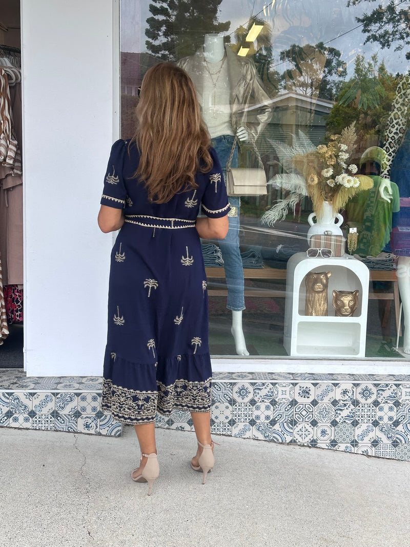 Navy Palm Embroidered Dress