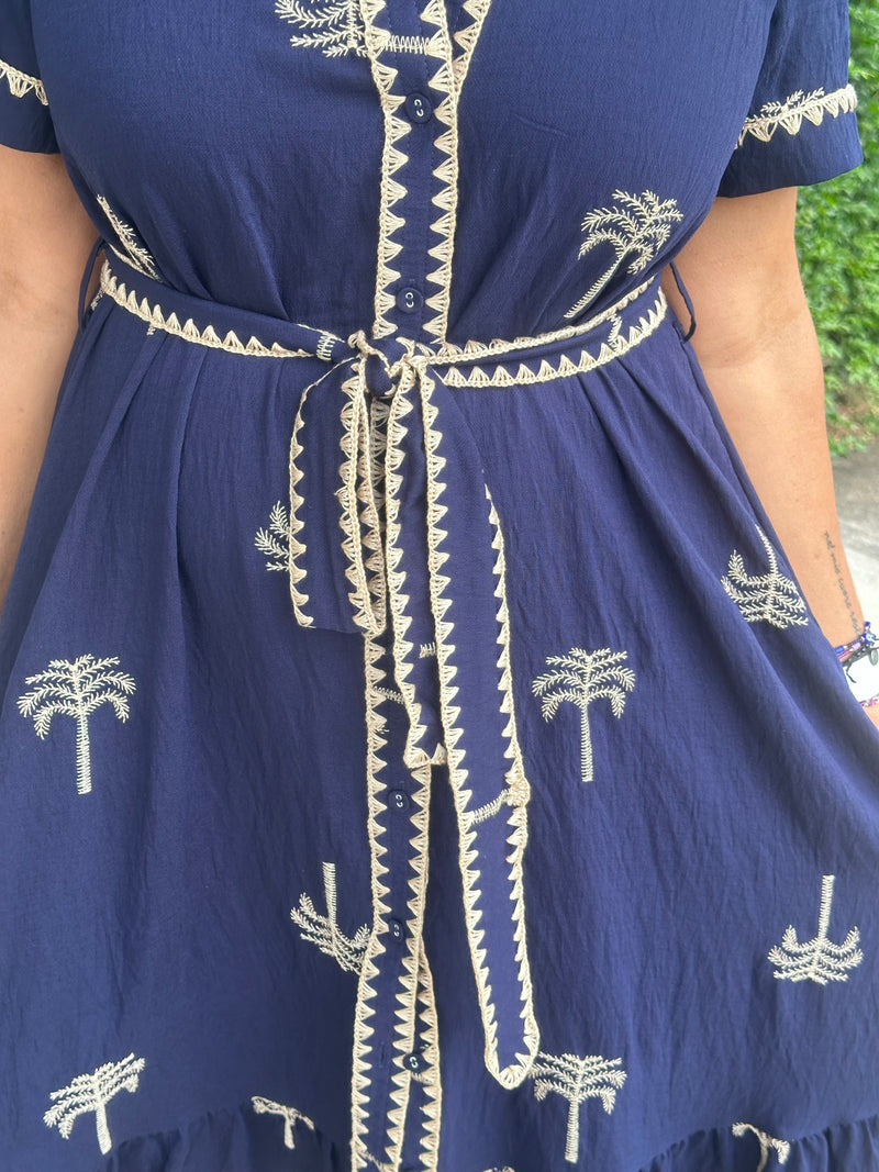 Navy Palm Embroidered Dress