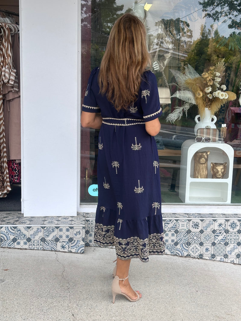 Navy Palm Embroidered Dress