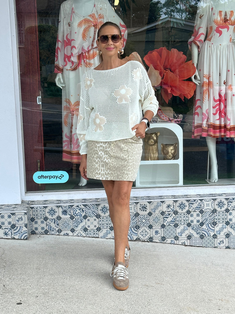 Beige Leopard Denim Mini Skirt