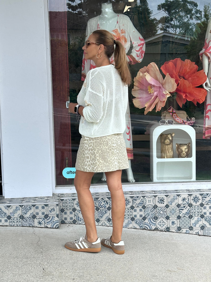 Beige Leopard Denim Mini Skirt