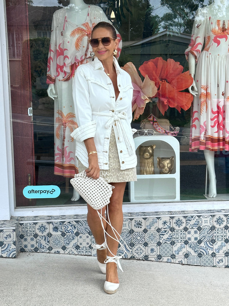 Beige Leopard Denim Mini Skirt