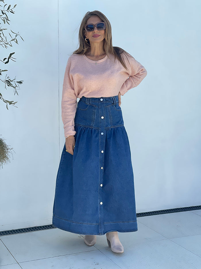 Mid Blue Wash Denim Maxi Skirt