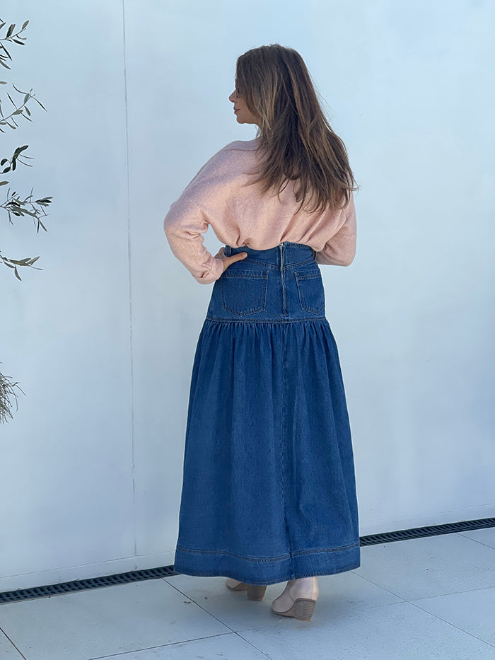 Mid Blue Wash Denim Maxi Skirt