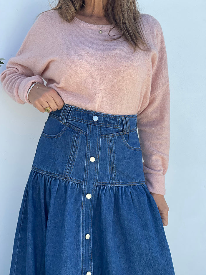 Mid Blue Wash Denim Maxi Skirt