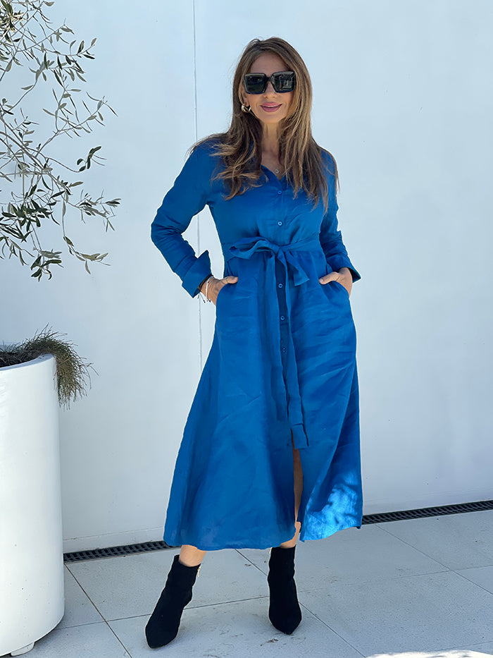 Fleur Linen Dress - Blue