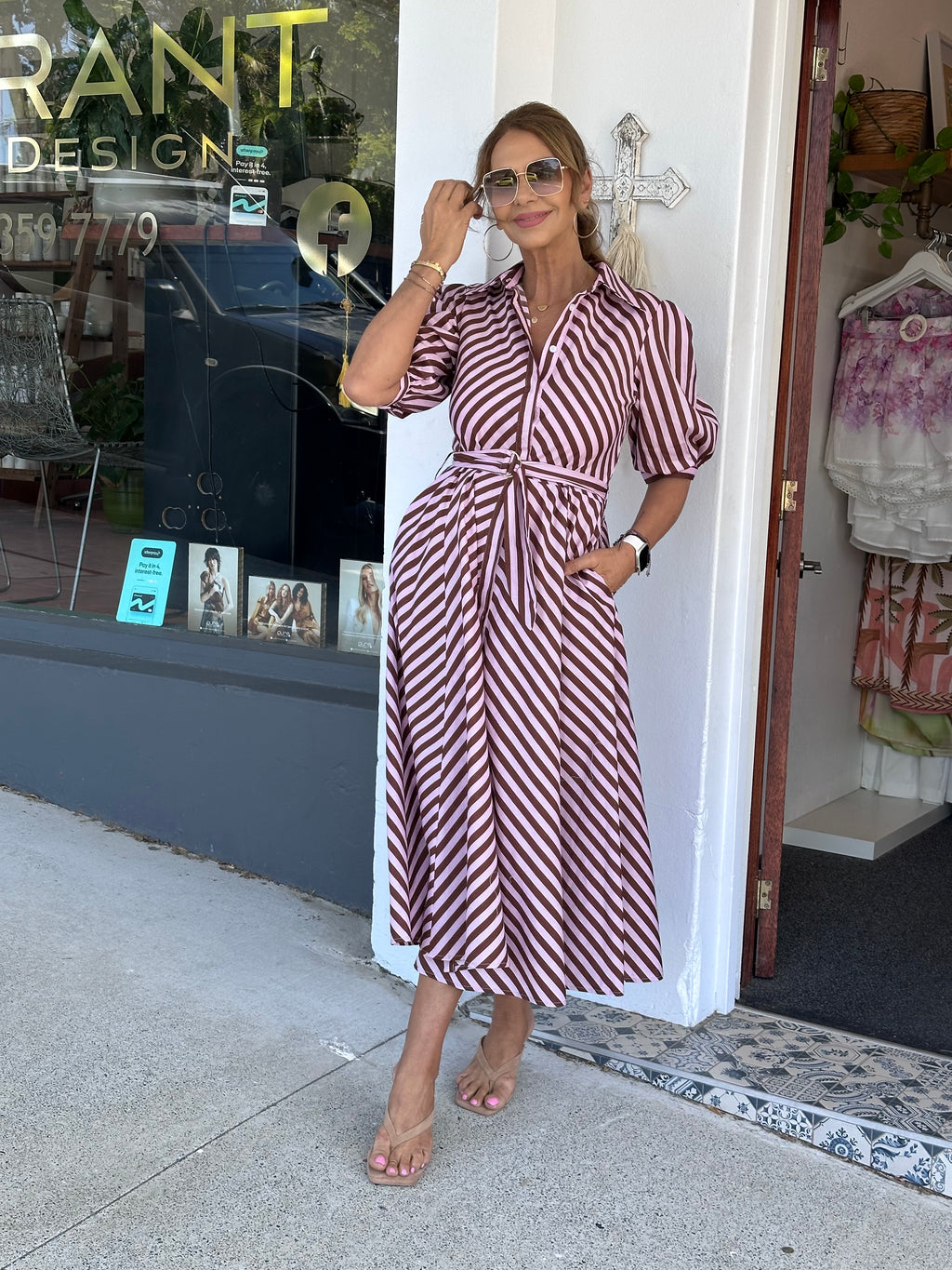 Bianca Stripe Dress - Blush and Choc