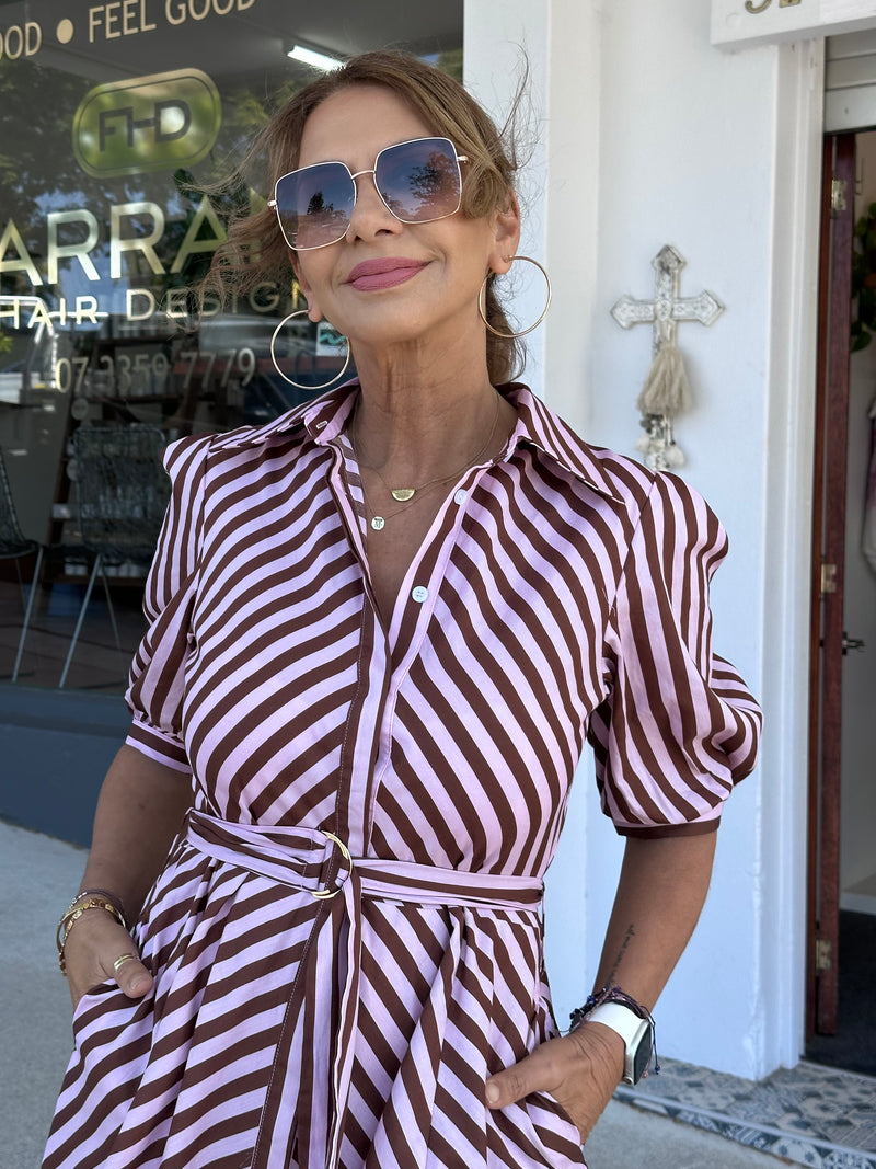 Bianca Stripe Dress - Blush and Choc