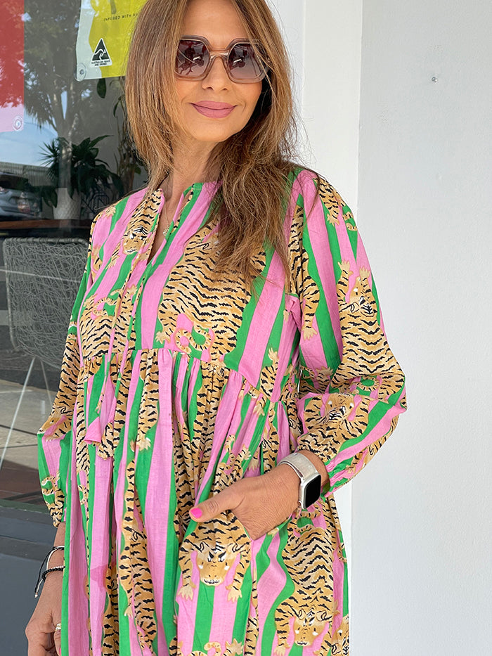 Daydreamer Dress - Pink and Green Tiger