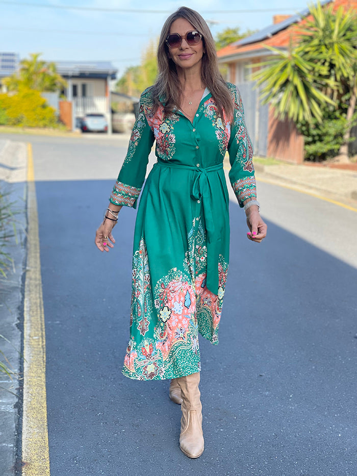 Grace Shirt Dress - Green Paisley