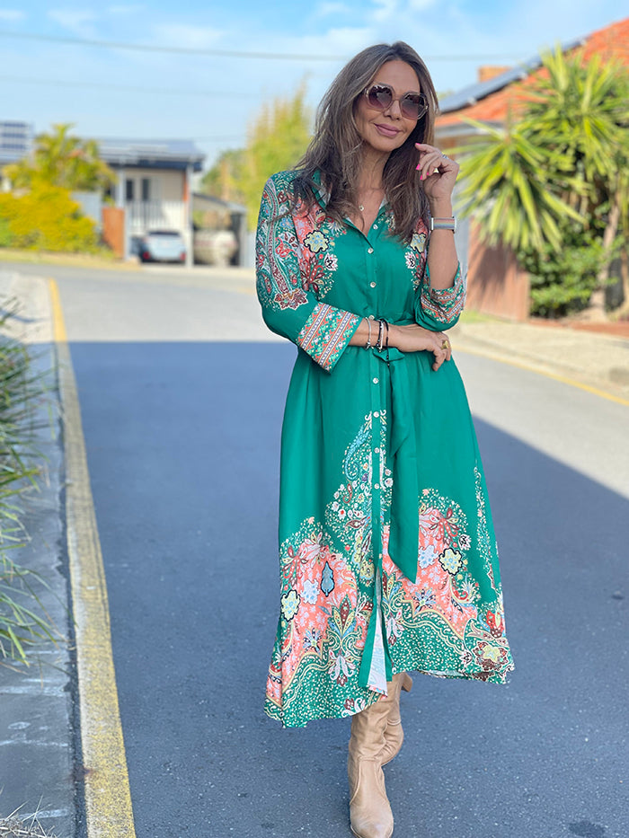 Grace Shirt Dress - Green Paisley