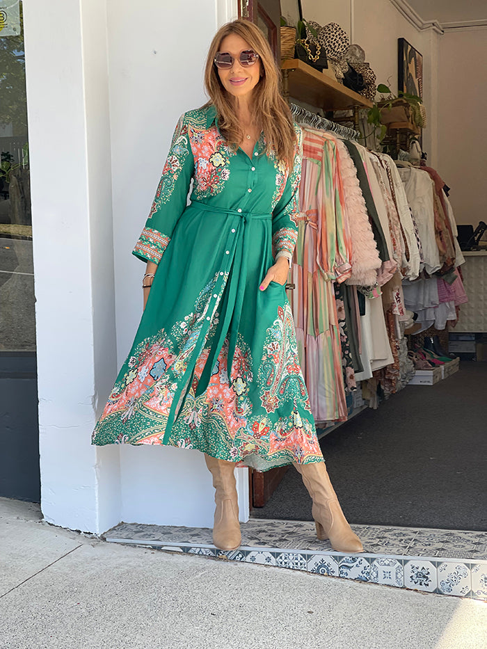 Grace Shirt Dress - Green Paisley