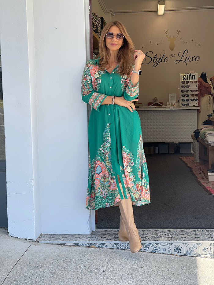 Grace Shirt Dress - Green Paisley