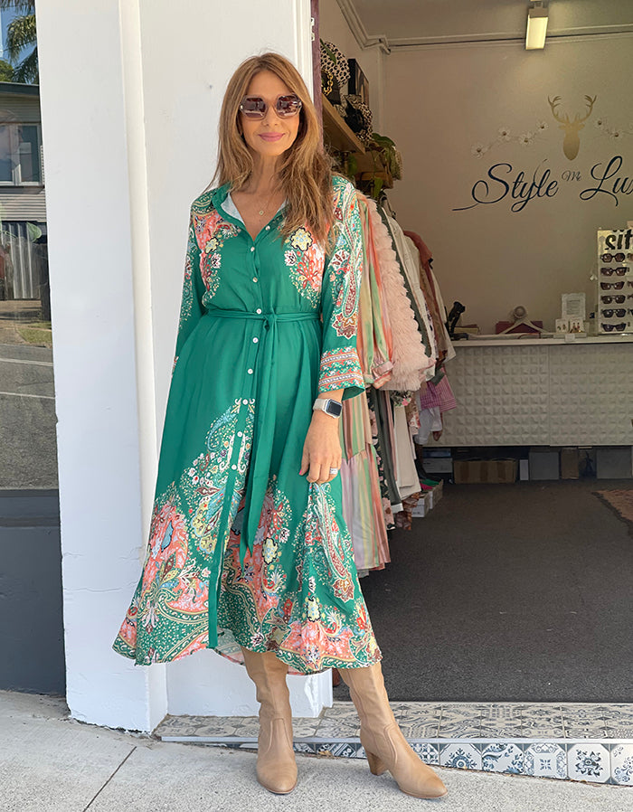 Grace Shirt Dress - Green Paisley