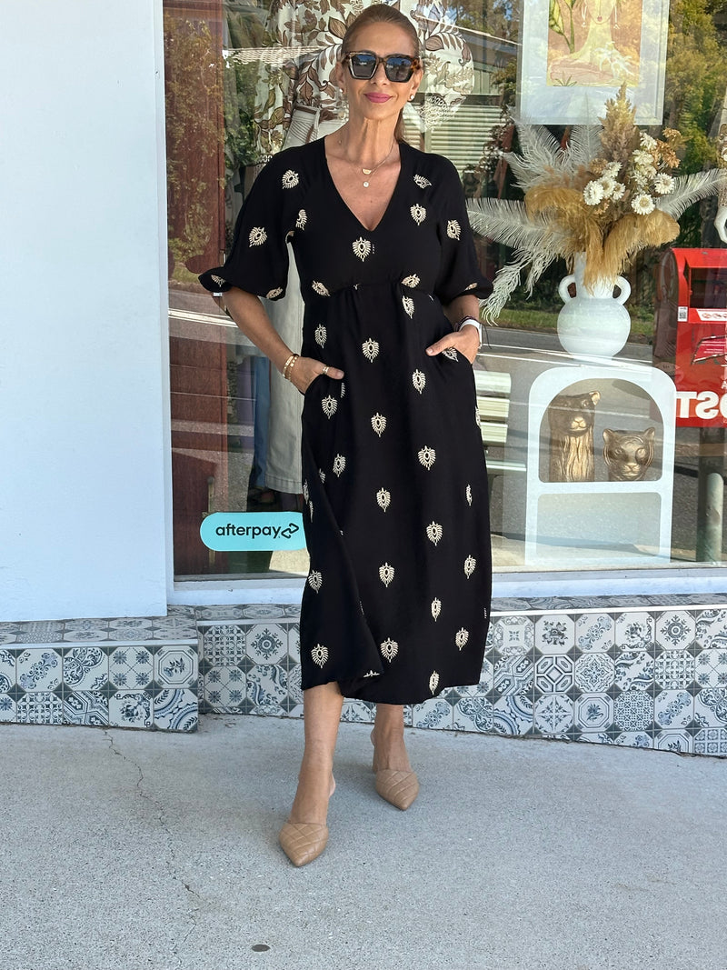 Evy Embroidered Midi Dress - Black