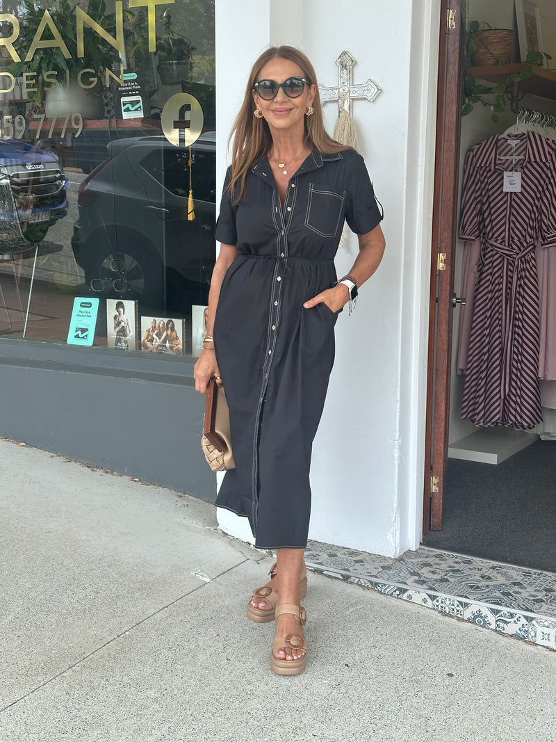 Esta Black Midi Shirt Dress