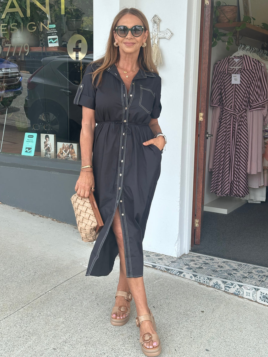 Esta Black Midi Shirt Dress
