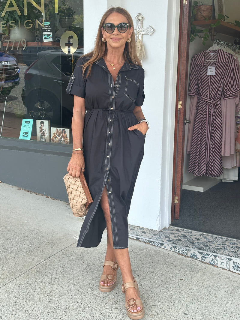 Esta Black Midi Shirt Dress