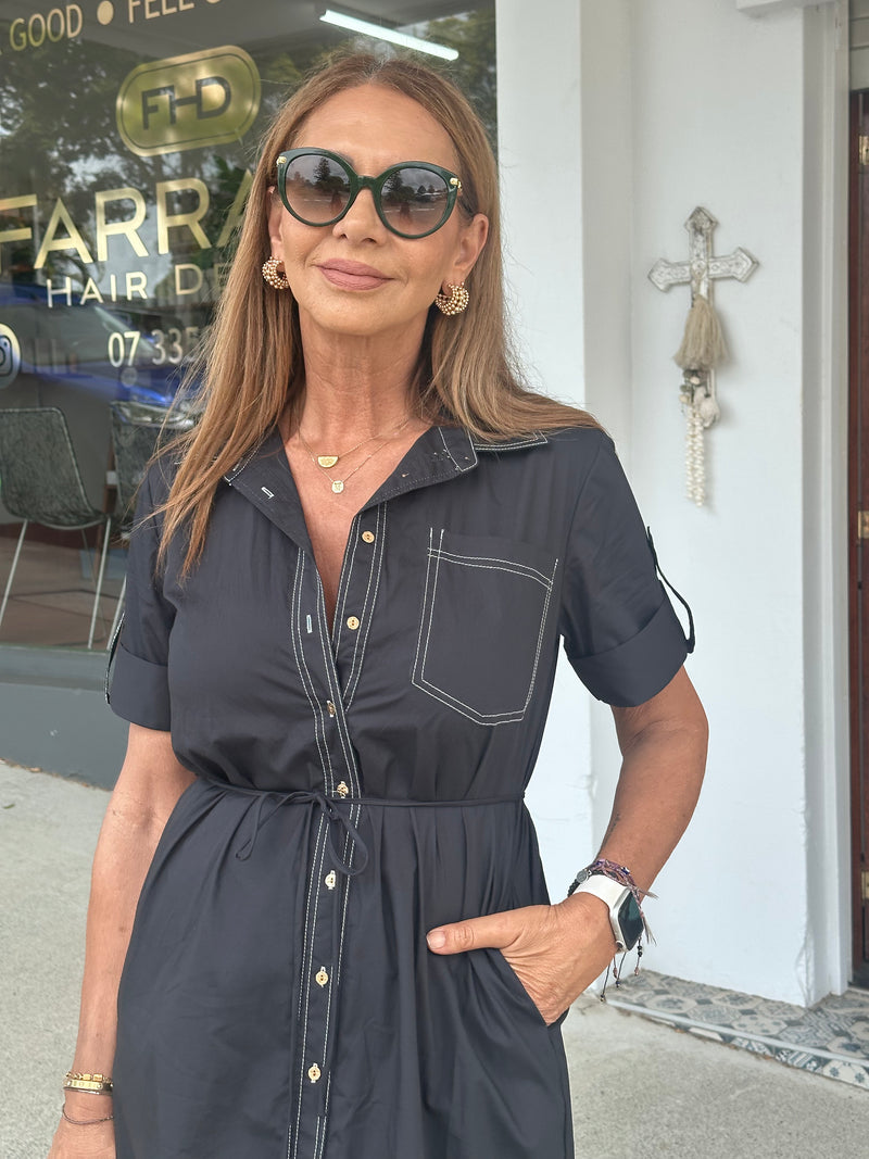 Esta Black Midi Shirt Dress
