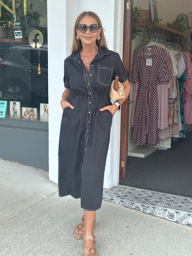 Esta Black Midi Shirt Dress