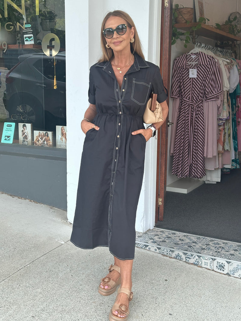Esta Black Midi Shirt Dress