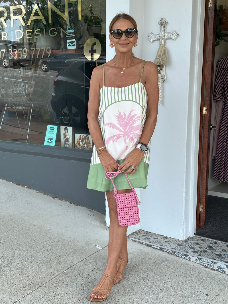 Palm Breeze Mini Dress - Pink and Green