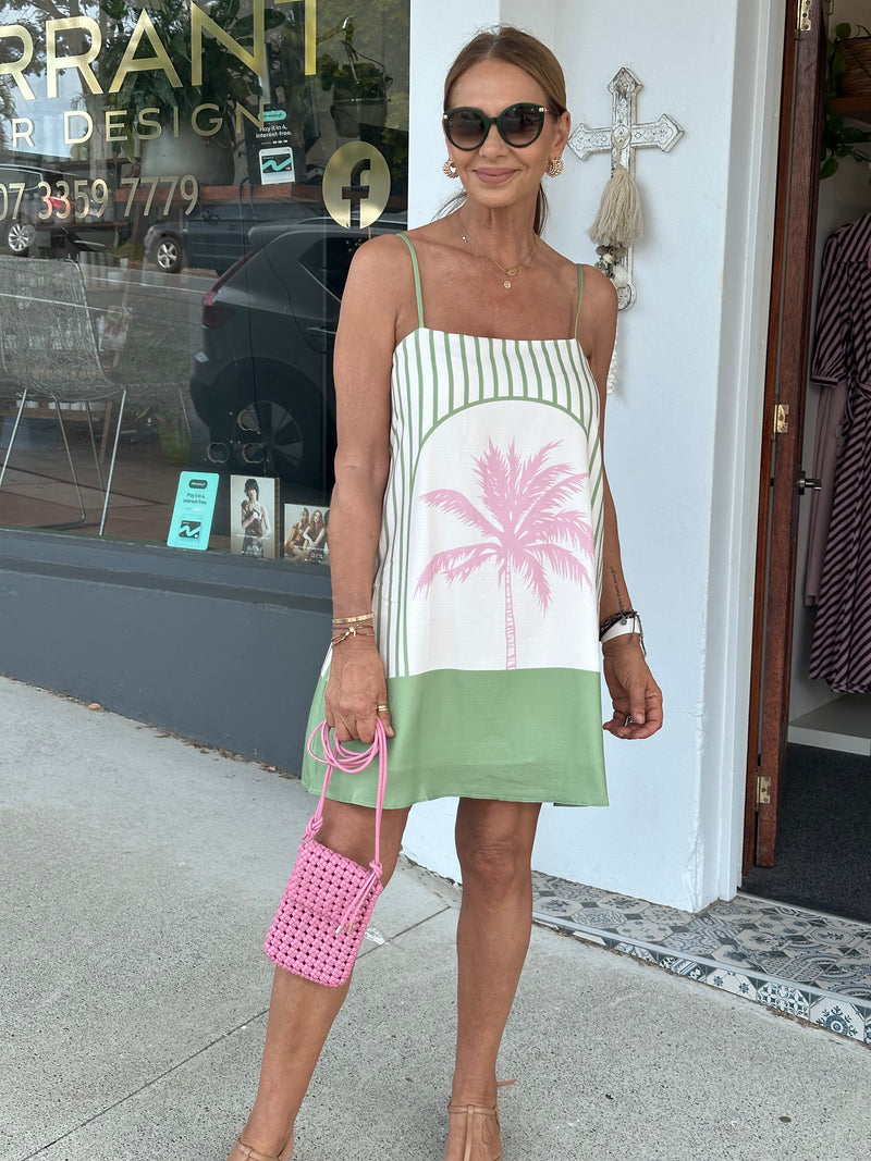 Palm Breeze Mini Dress - Pink and Green