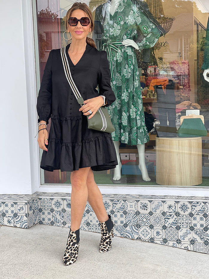 Emma Linen Frill Dress - Black