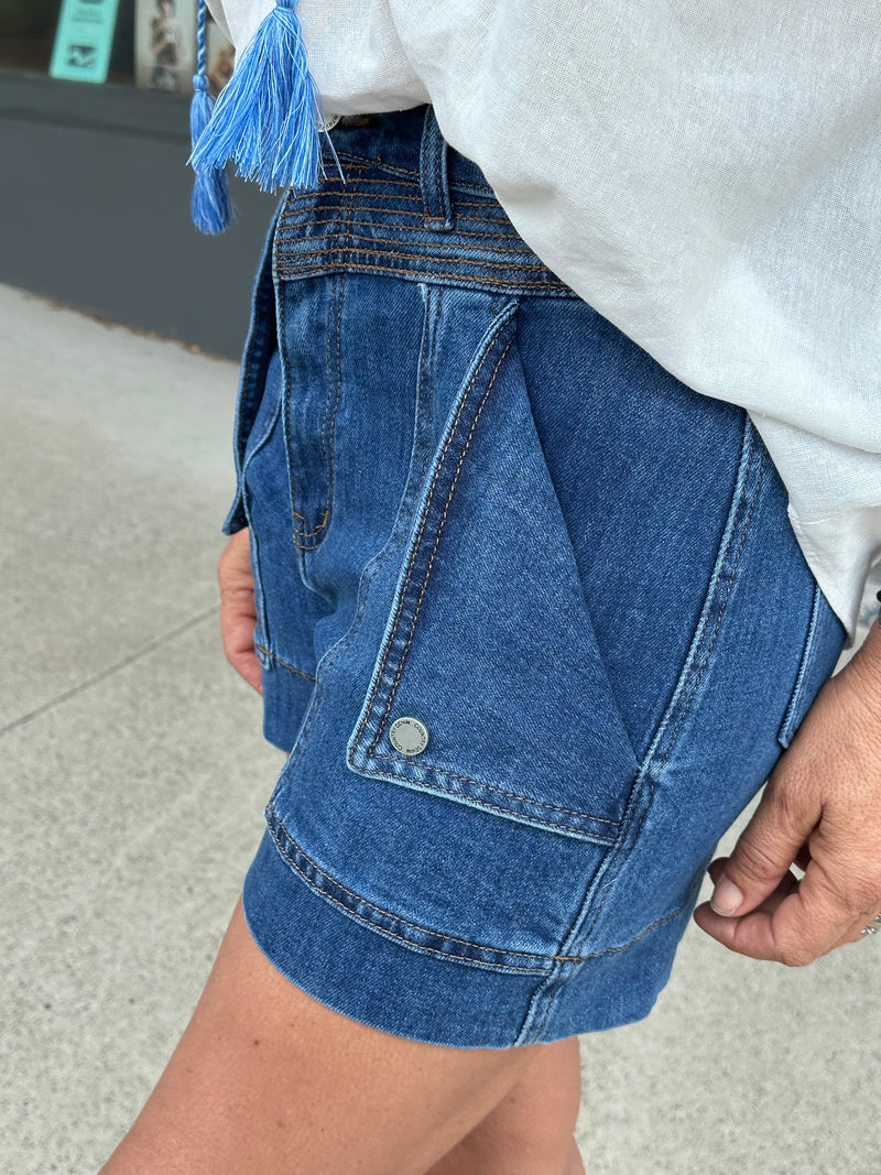 Denim Fold Over Pocket Shorts - Mid Blue