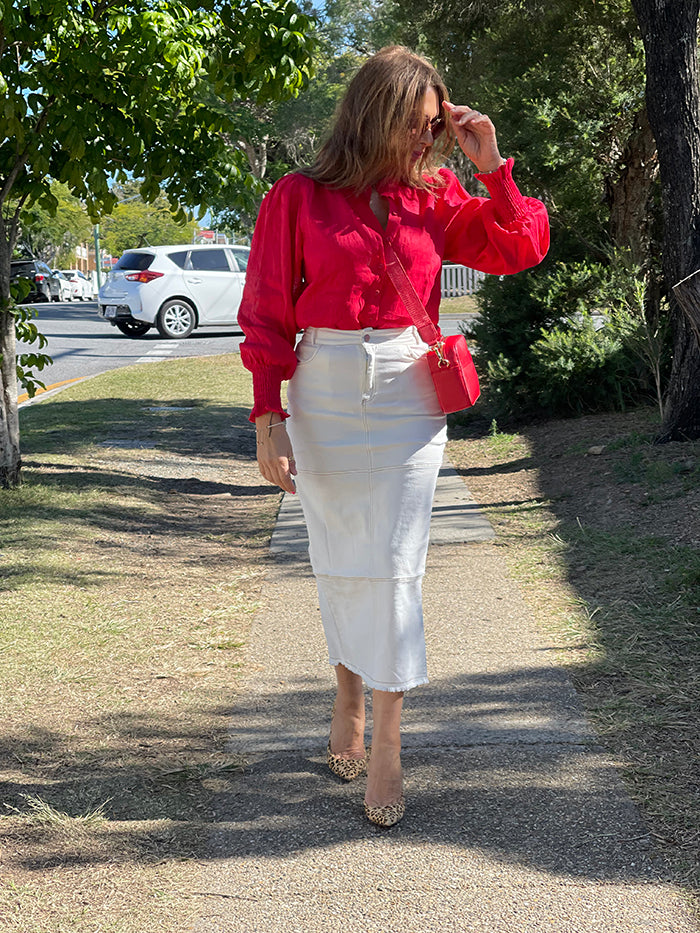 White Denim Midi Skirt