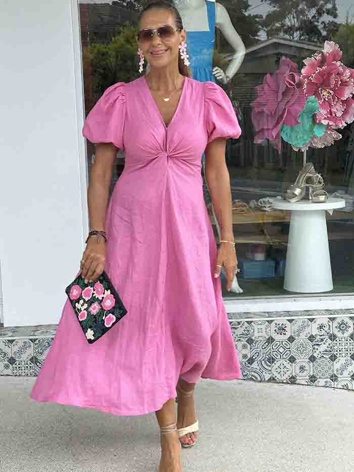 Candy Pink Linen Twist Maxi Dress