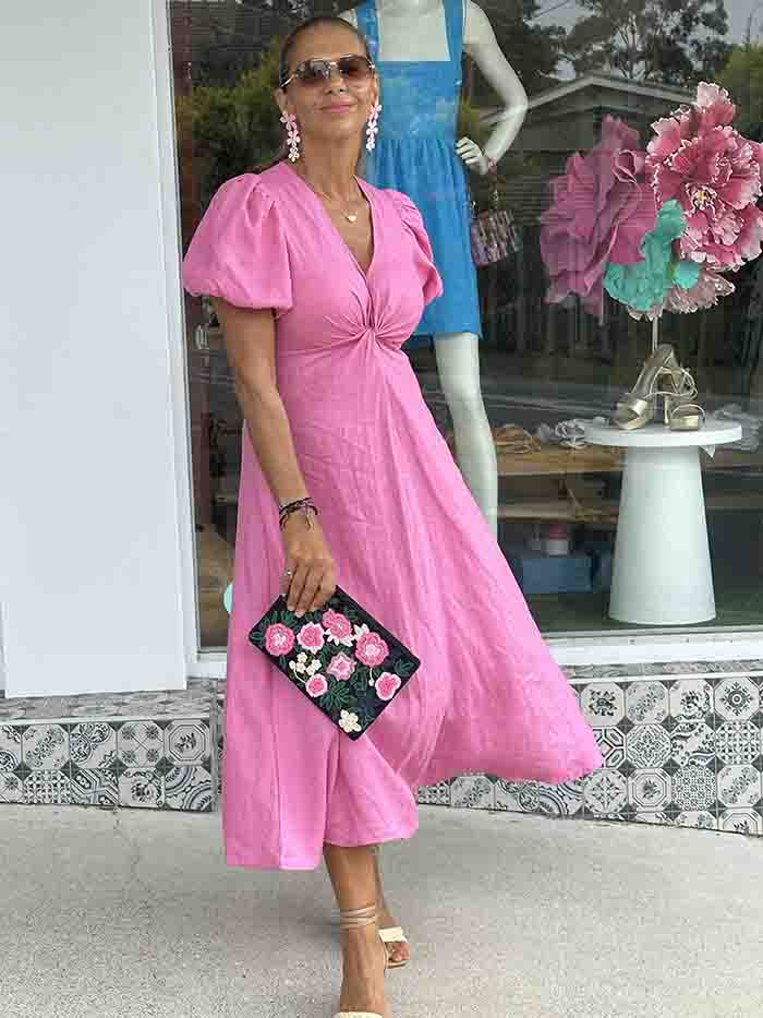 Candy Pink Linen Twist Maxi Dress