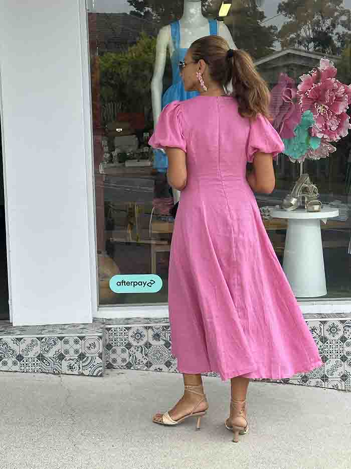 Candy Pink Linen Twist Maxi Dress