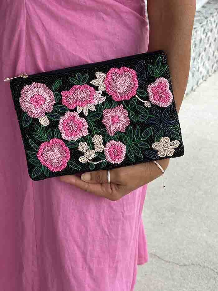 Beaded Pink Flora Clutch