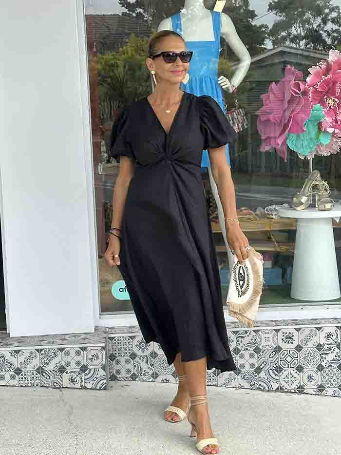 Black Linen Twist Maxi Dress