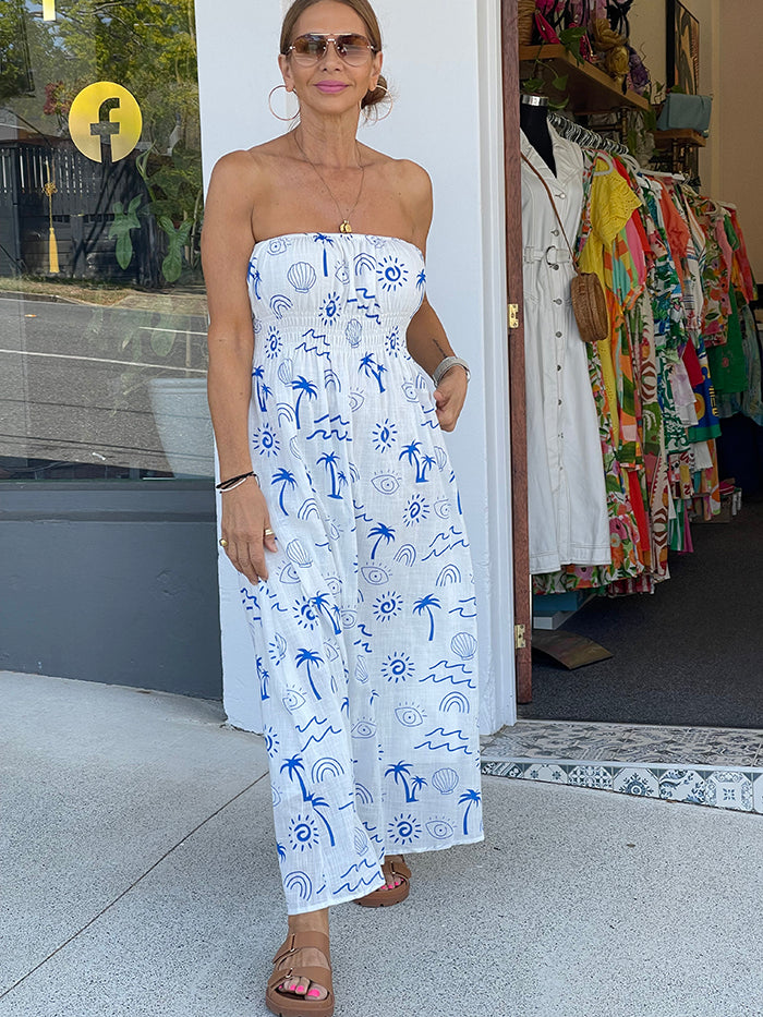 Waves Strapless Maxi - White and Blue