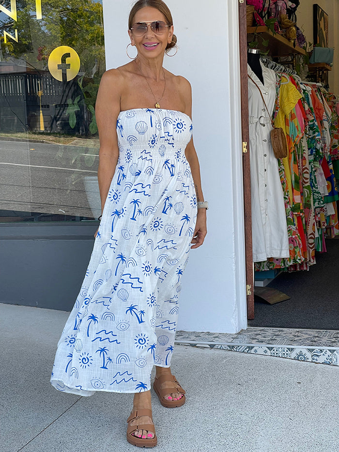 Waves Strapless Maxi - White and Blue