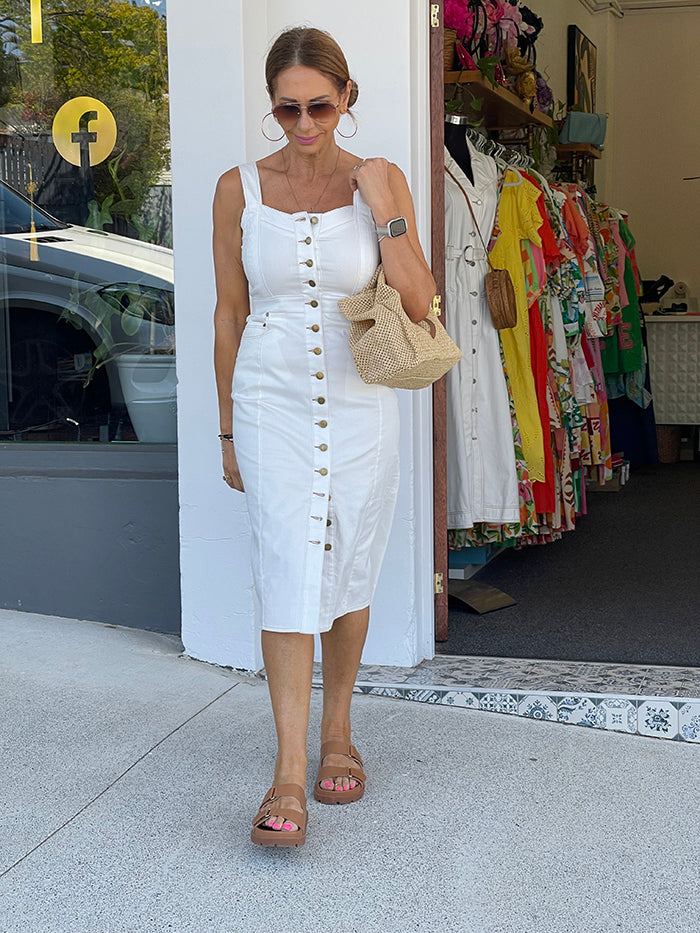 White Button Front Denim Midi Dress