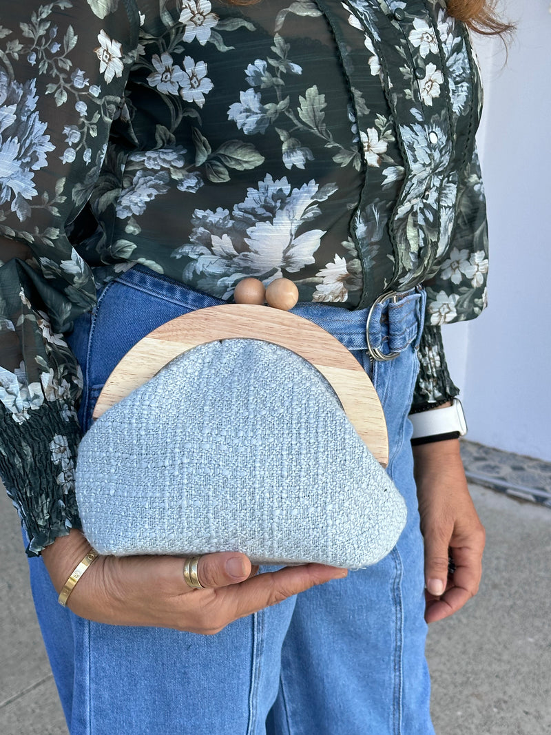 Blue Tweed Wooden Bag