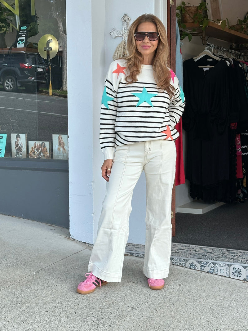 Wide Leg Pocket Stitch Jean - Cream