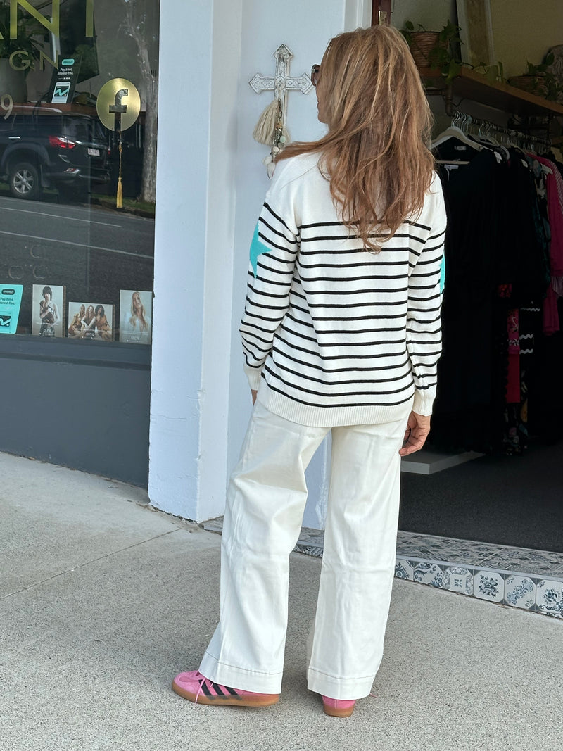 Wide Leg Pocket Stitch Jean - Cream