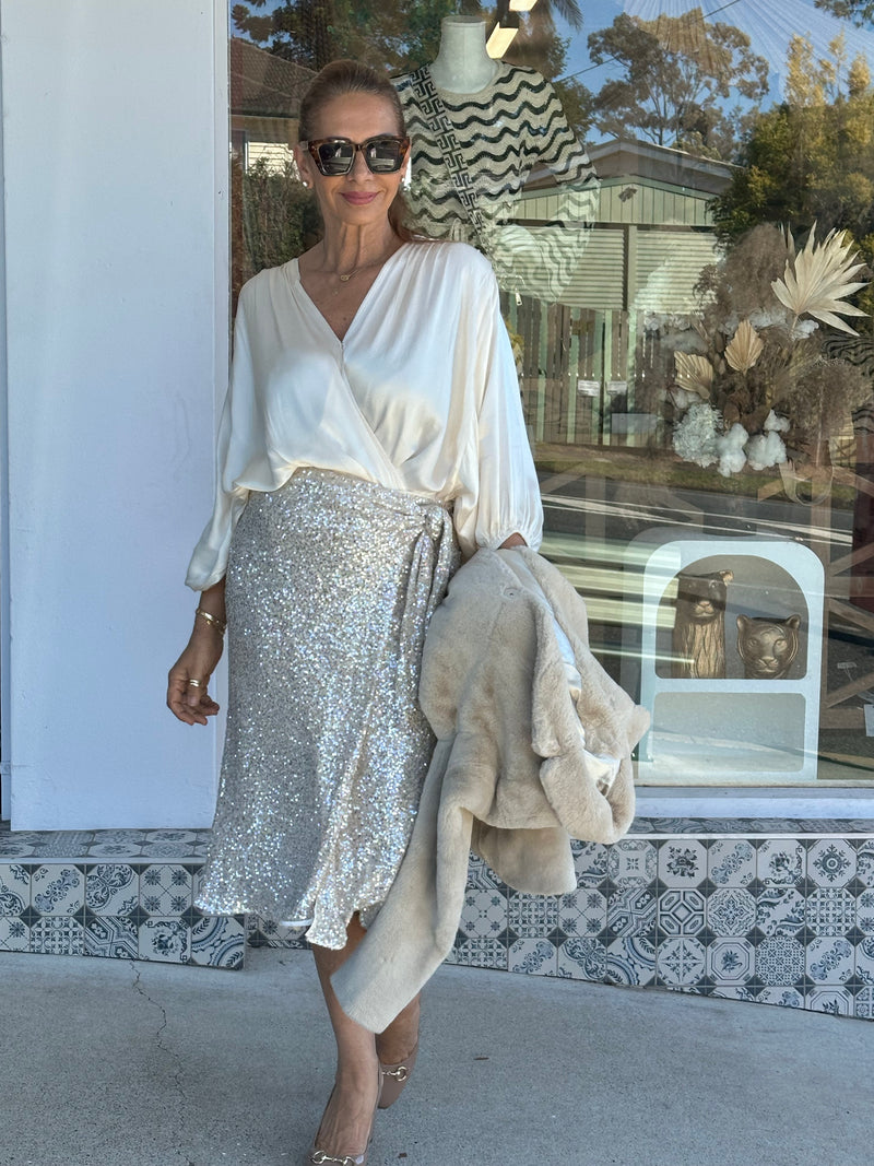 Sequin Wrap Skirt - Silver