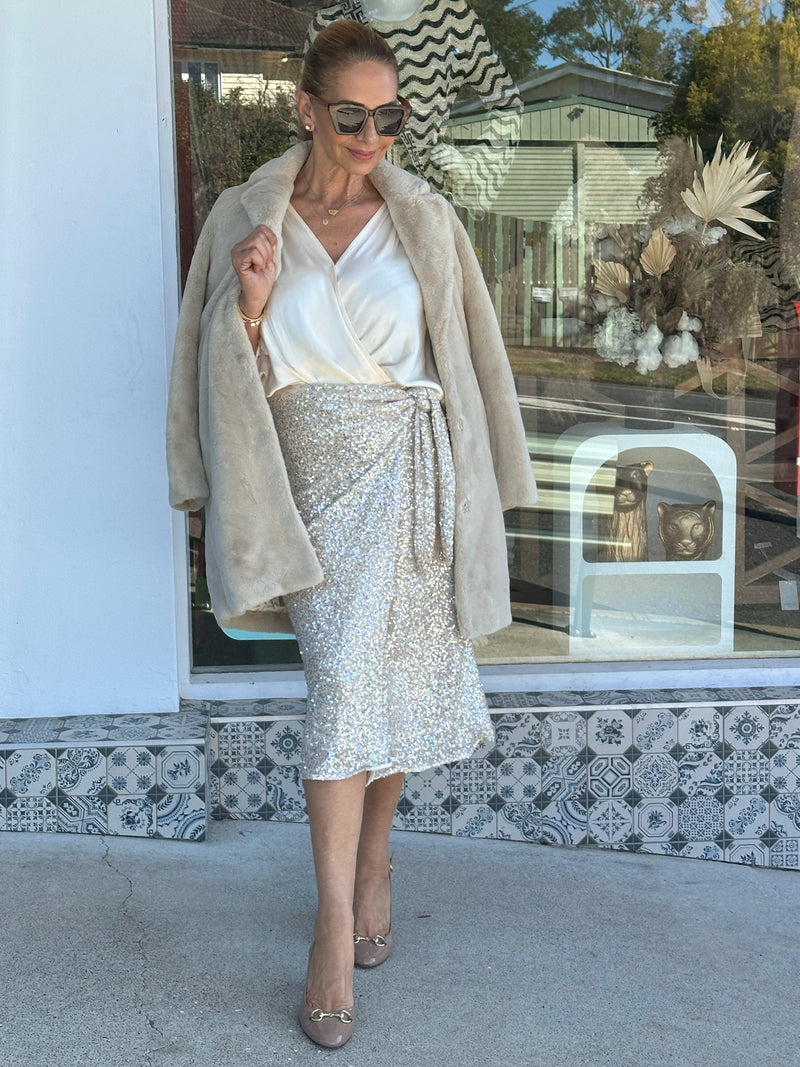 Sequin Wrap Skirt - Silver