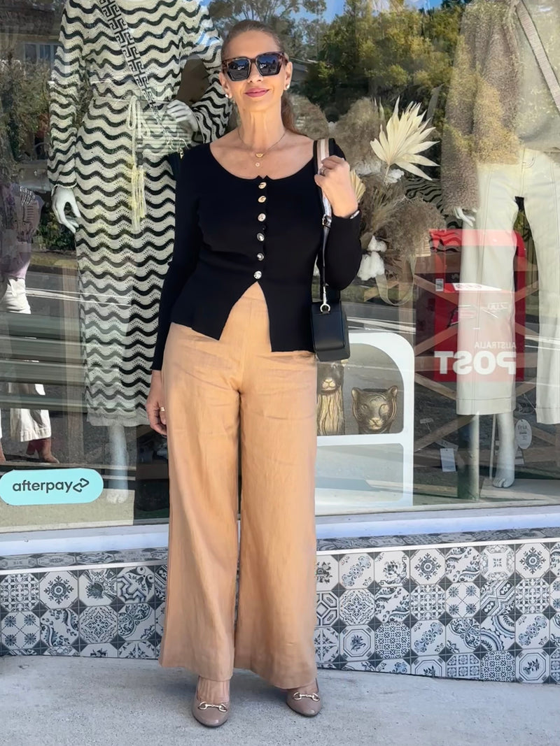 Gold Button Knit Top - Black