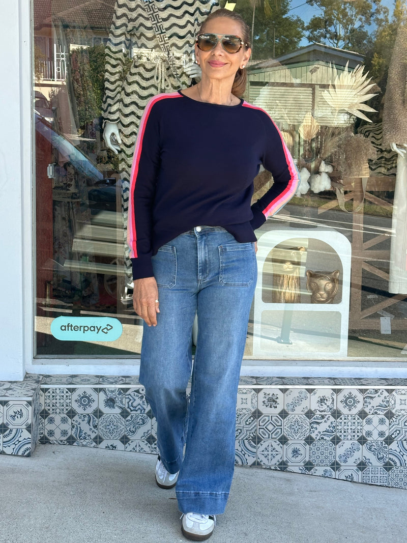 Ola Stripe Sleeve Knit - Navy
