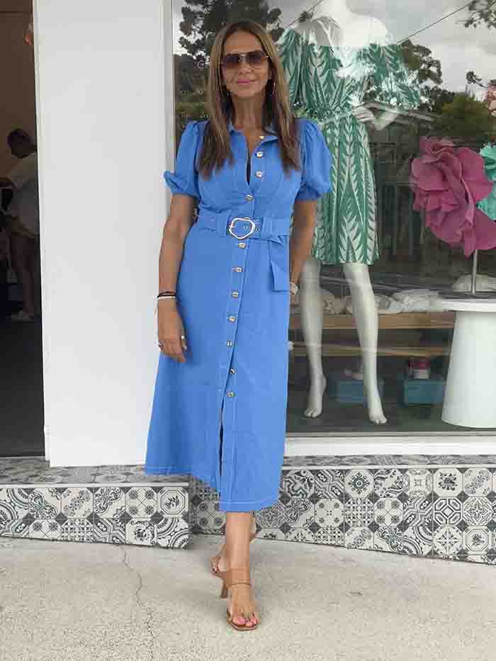 Azure Blue Button Front Midi Dress