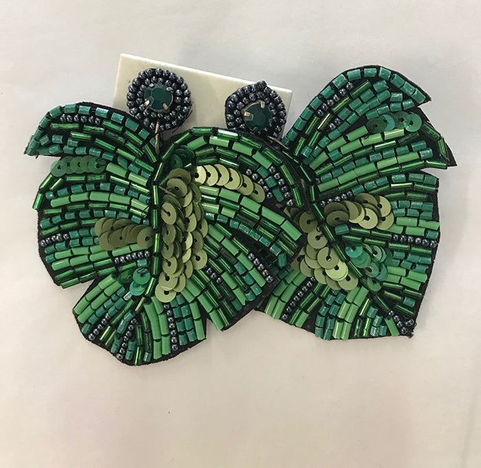 Monstera Leaf Beaded Earrings - Green