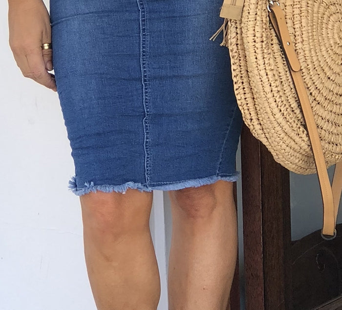 Frayed denim pencil skirt sale