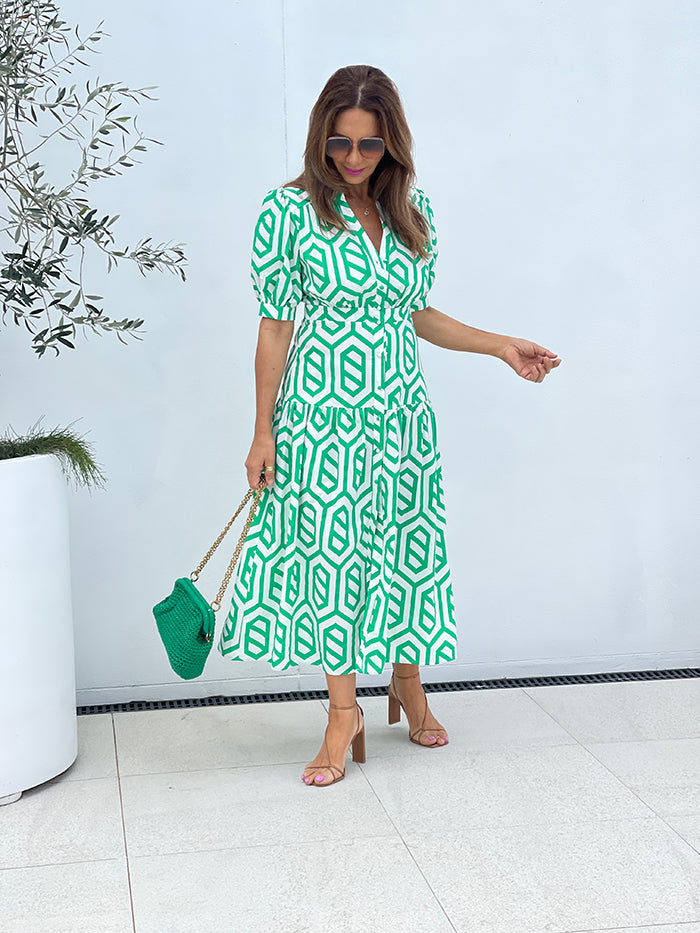 Cheri Dress - Green and White