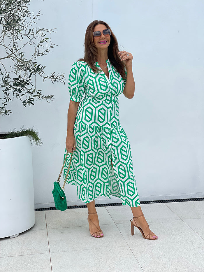 Cheri Dress - Green and White